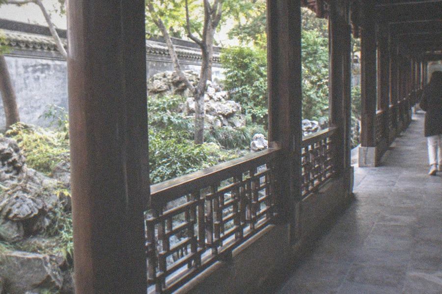 Long corridor and lakeside pavilions of an imperial garden in Beijing