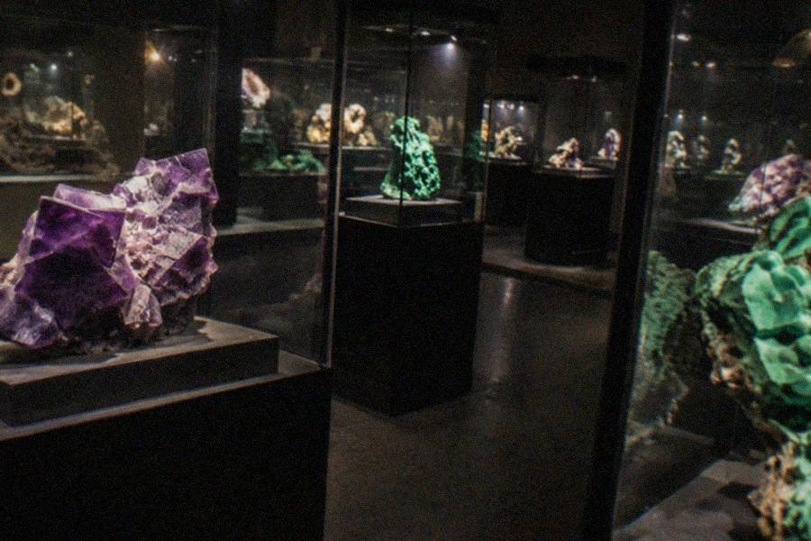 Glass display cases of mineral specimens lit against a dark gallery wall