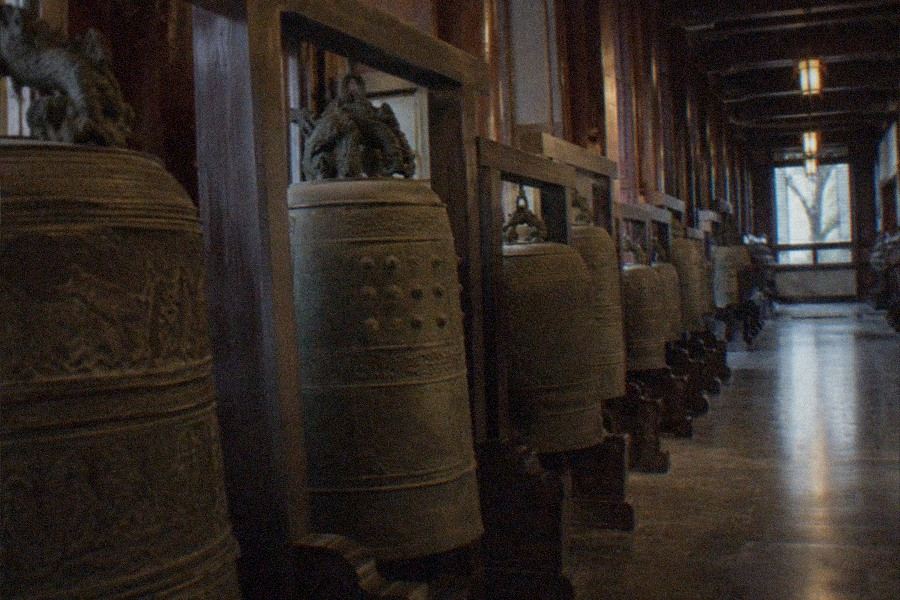 The Yongle Bell hanging inside the bell tower of the Great Bell Temple Ancient Bell Museum in Beijing