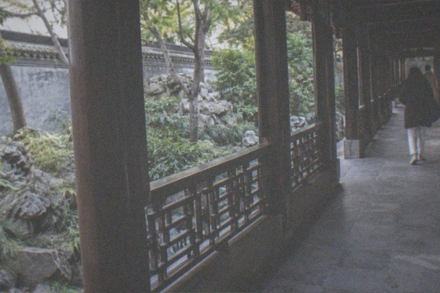 Quiet courtyard of a Beijing museum with traditional tiled roofs
