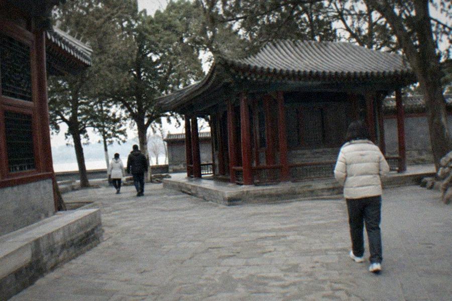 Visitors queuing at a Summer Palace entrance gate beside the lake, with willows and stone bridge in the background